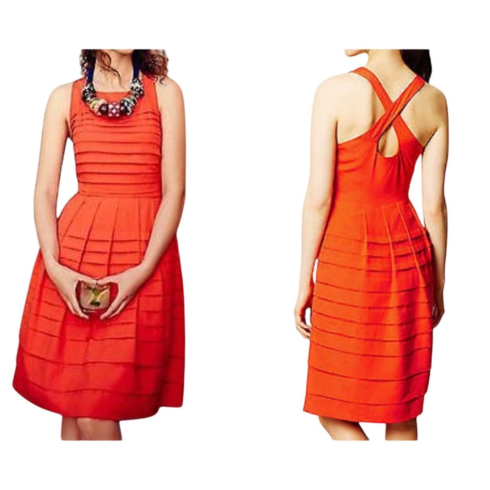 EVA FRANCO Anthropologie Tangelo Fiery Red-Orange Pleated A-Line Dress - Sz 2
